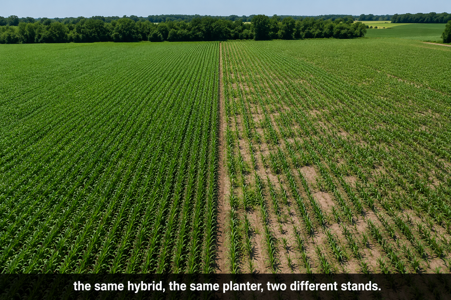 Aerial drone photo of a single corn field split down the middle: a thick, healthy stand on the left, a thin, gappy, bird-damaged stand on the right. Caption on image reads: the same hybrid, the same planter, two different stands.